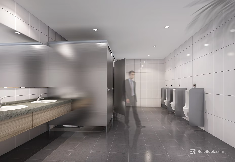 Modern Public Restroom With Stainless Steel Stalls White Tiled Walls And Sink Counter 3d model 