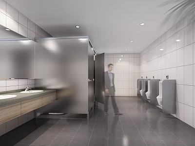 Modern Public Restroom With Stainless Steel Stalls White Tiled Walls And Sink Counter 3d model