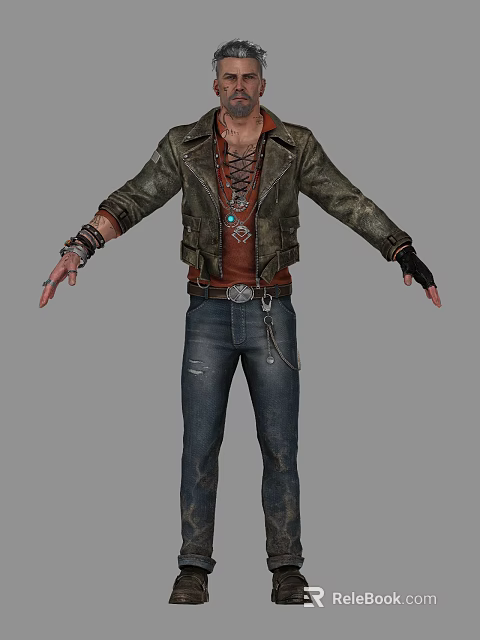 Man Wearing Distressed Leather Jacket Red Shirt Jeans And Accessories 3d model 