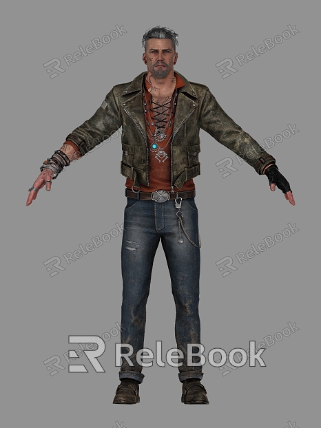 Realistic Gangster Uncle Realistic Male Men Underworld Gangster Uncle Leather Jacket Tattoo Fashion Jeans Jacket model