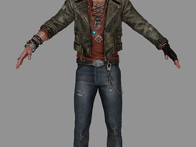 Man Wearing Distressed Leather Jacket Red Shirt Jeans And Accessories 3d model