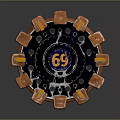 Industrial Metal Gate With Round Orange Structure Yellow Accents And Number 69 Design