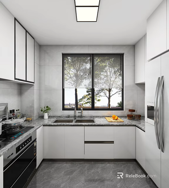 Modern Kitchen Interior With White Cabinets Window Blinds Sink Countertop And Appliances 3d model