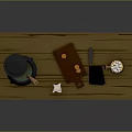 Rustic Wooden Table With Cast Iron Cauldron Wooden Spoon White Candle Oranges Knife And Barrel