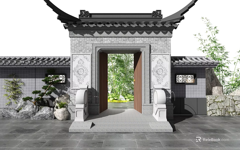 Chinese Traditional Gateway Facade with Carved Decorations Tile Roof Open Door and Lush Courtyard 3d model 