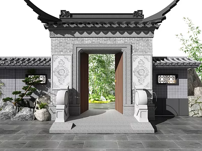 Chinese Traditional Gateway Facade with Carved Decorations Tile Roof Open Door and Lush Courtyard 3d model