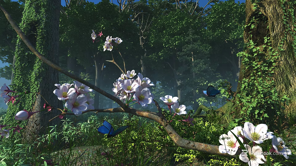 Park Landscape With Blooming White Flowers On Tree Branches Green Trees And Blue Butterflies 3d model 