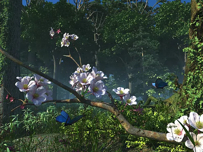 Park Landscape With Blooming White Flowers On Tree Branches Green Trees And Blue Butterflies 3d model