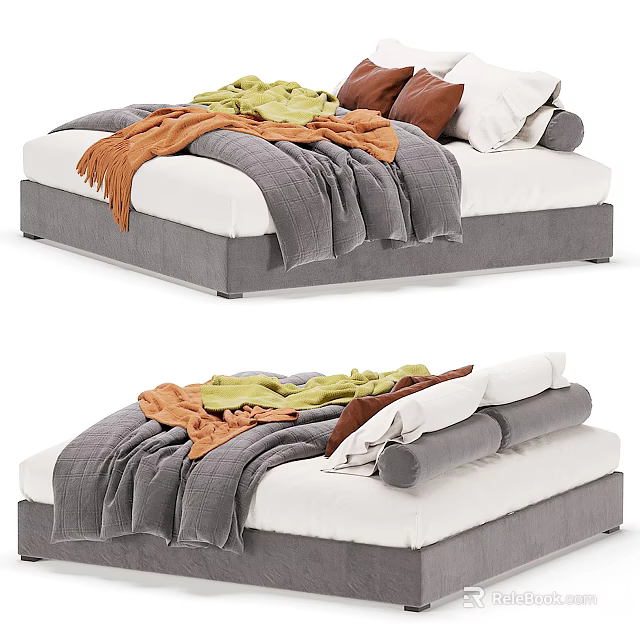 Cozy Double Bed with Gray Frame Orange Green Blankets and Brown White Pillows 3d model 
