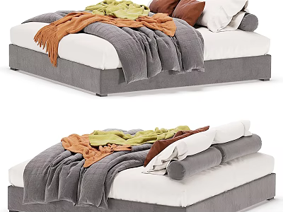 Cozy Double Bed with Gray Frame Orange Green Blankets and Brown White Pillows 3d model