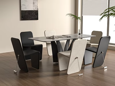 Modern Dining Table With Glass Top And Mixed Color Chairs In Wooden Floor With Wall Painting 3d model
