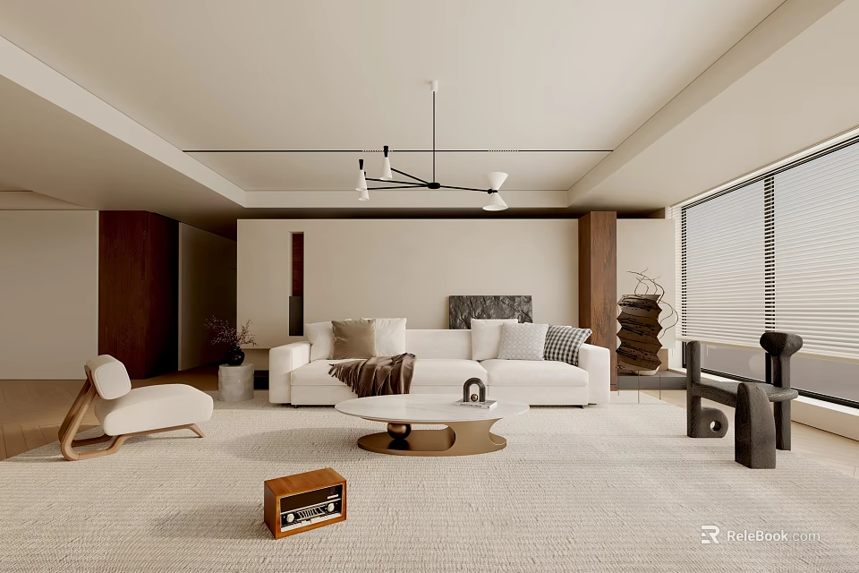 Modern Living Room Interior With White Sofa Coffee Table Rug And Wooden Cabinets 3d model 
