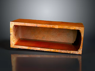 Textured Orange Wooden Rectangular Box With Red Interior On Gray Reflective Surface 3d model