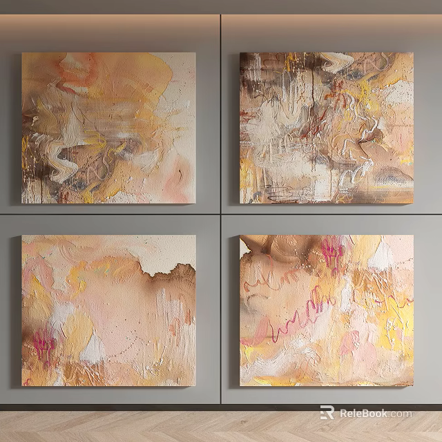Abstract Paintings Featuring Warm Tones Yellow Pink Beige Textured Brushstrokes Wall Art 3d model 