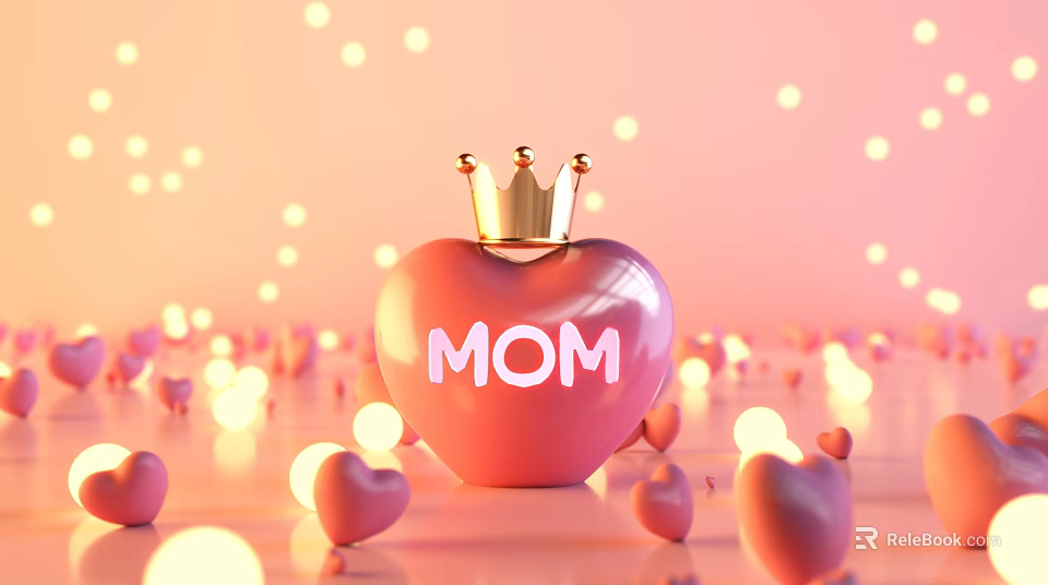 Pink Apple Landscape Sculpture With Golden Crown MOM Lettering Heart Decorations And Light Spots 3d model 