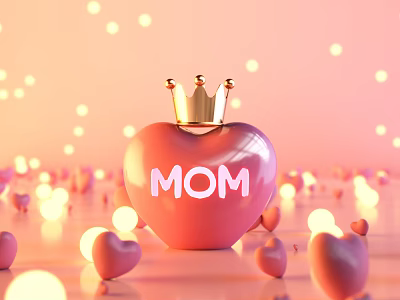 Pink Apple Landscape Sculpture With Golden Crown MOM Lettering Heart Decorations And Light Spots 3d model