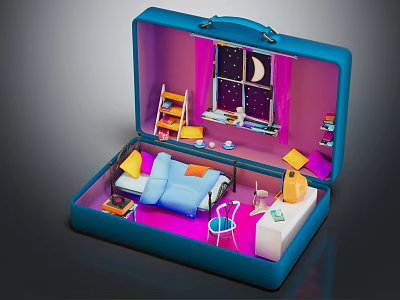 Cartoon Scene Inside Open Blue Suitcase With Pink Floor Bed Window Moon And Stars 3d model