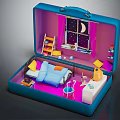 Cartoon Scene Inside Open Blue Suitcase With Pink Floor Bed Window Moon And Stars