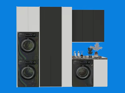 Modern Stacked Washing Machine Interior Design With White And Dark Cabinets And Decorative Plant 3d model