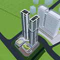 Modern Office Building Complex With Tall Glass Skyscrapers And Connecting Sky Bridge