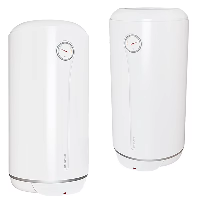 Two White Electric Water Heaters With Round Control Dial And Modern Design 3d model