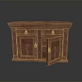 Antique Wooden Cabinet With Ornate Carved Details Drawer And Open Door