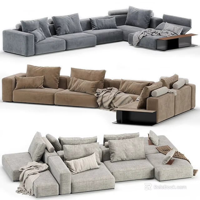 Modern Upholstered Double Sofa In Multiple Colors With Decorative Pillows Throw Blankets And Side Table 3d model