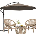 Outdoor Wicker Table And Chairs Set With Large Umbrella Decorative Vase With Flowers And Fruits