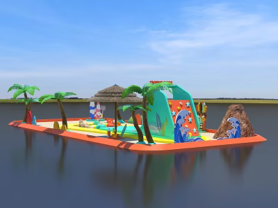 Inflatable Water Play Area With Palm Trees Thatched Roof And Colorful Slides 3d model