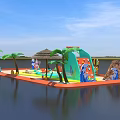 Inflatable Water Play Area With Palm Trees Thatched Roof And Colorful Slides