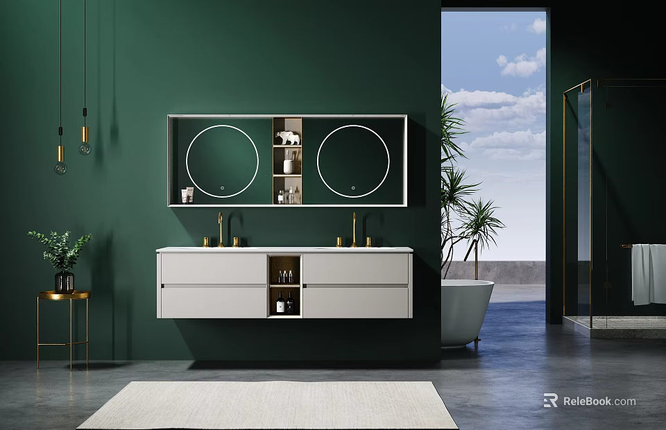 Modern Washbasin With Double Round Mirrors Gold Faucets And Green Plant In Green Wall Bathroom 3d model 