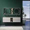Modern Washbasin With Double Round Mirrors Gold Faucets And Green Plant In Green Wall Bathroom