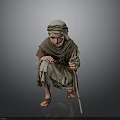 Child In Traditional Robe And Headscarf Crouching With Wooden Cane On Gray Background