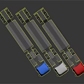 Three Red White Blue Flatbed Trucks With Long Trailers For Transport