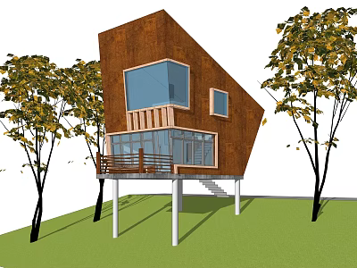 Modern Vacation Rental Architecture Featuring Sloped Design Large Glass Windows And Surrounding Trees 3d model