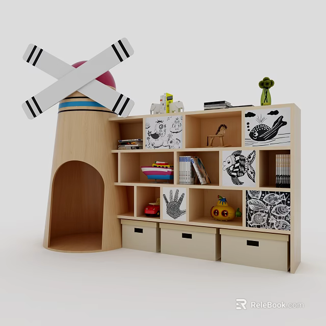 Playful Wooden Kids' Bookcase With Windmill Decoration Toys Books Drawers And Cartoon Patterns 3d model 