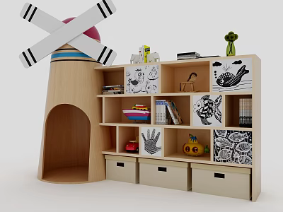 Playful Wooden Kids' Bookcase With Windmill Decoration Toys Books Drawers And Cartoon Patterns 3d model