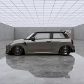Silver Gray MINI Cooper With Black Roof Orange Stripes In Modern Indoor Space