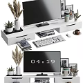 Computer Monitor Setup With Keyboard Mouse On Modern TV Stand And Decorative Plants