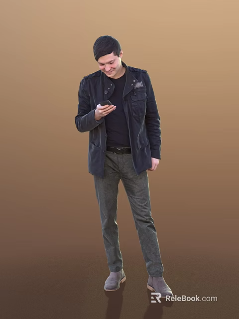 Man holding a phone in dark jacket black t-shirt gray pants standing against brown background 3d model 