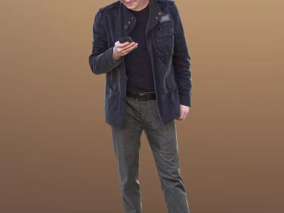 Man holding a phone in dark jacket black t-shirt gray pants standing against brown background 3d model