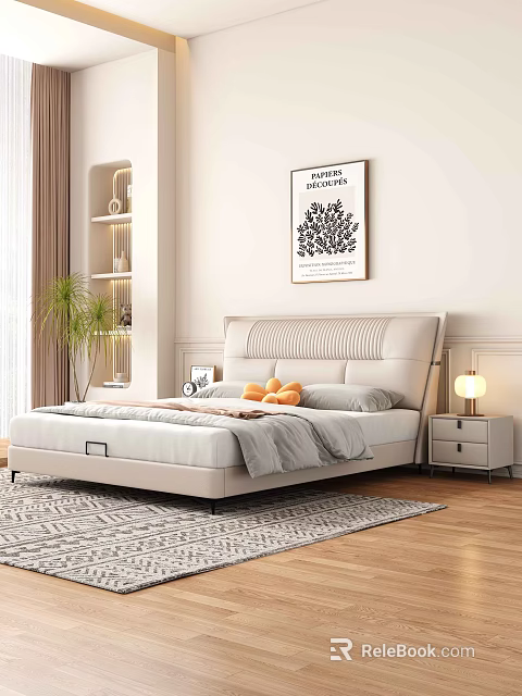 Double Bed with Beige Striped Headboard Gray Bedding Nightstand Table Lamp Wall Art Potted Plant 3d model 