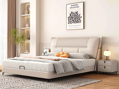 Double Bed with Beige Striped Headboard Gray Bedding Nightstand Table Lamp Wall Art Potted Plant 3d model