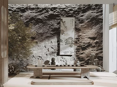 Serene Tea Room With Rock Wall Backdrop Traditional Painting Wooden Tea Table And Tea Sets 3d model