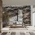 Serene Tea Room With Rock Wall Backdrop Traditional Painting Wooden Tea Table And Tea Sets