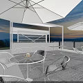 Modern Café Exterior Design With Outdoor Seating Area Lawn Umbrellas Glass Walls and Upper Deck