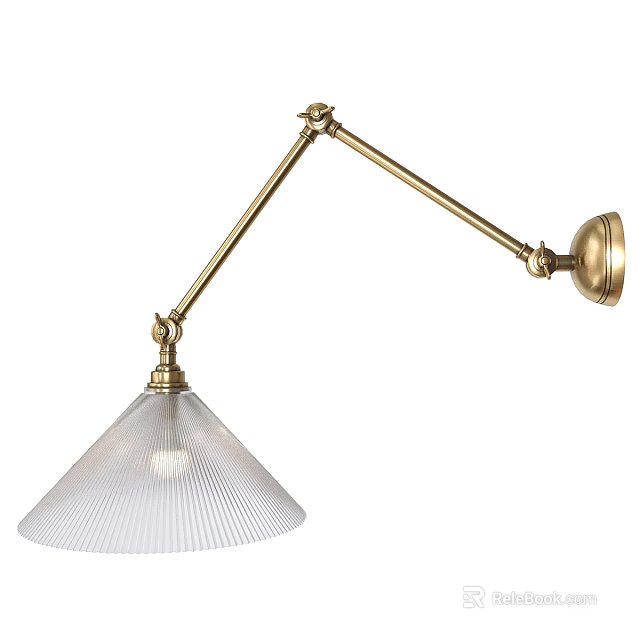 Brass Wall Lamp With Adjustable Arm And Transparent Ribbed Glass Shade 3d model 