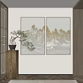 Two Gold And Gray Mountain Landscape Paintings With Potted Pine On Wooden Cabinet Minimalist Wall