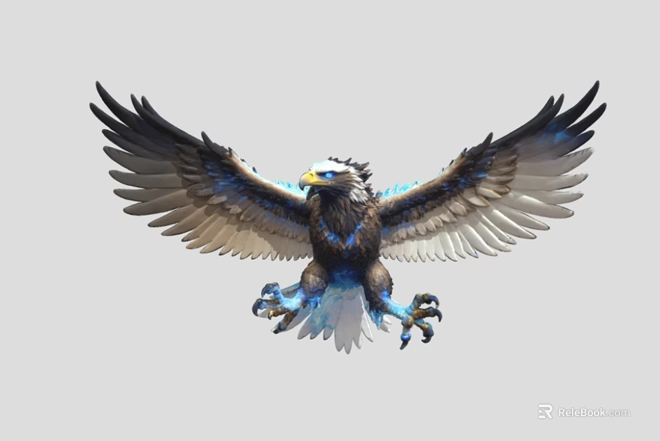 Majestic Eagle Spreading Wings Flying With Blue and Brown Feathers Open Claws Against Gray Background 3d model 