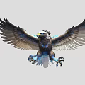 Majestic Eagle Spreading Wings Flying With Blue and Brown Feathers Open Claws Against Gray Background